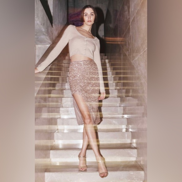 Zeynep Arcay NWT Sequin Slit Skirt in Nude - Picture 4 of 16